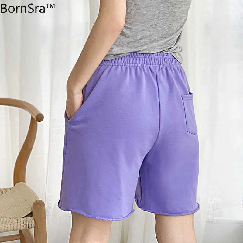 Bornsra Sporthose aus 100 % Baumwolle für Damen, Sommer, hohe Taille, locker und dünn, lässig, kurz, reine Farbe 210925