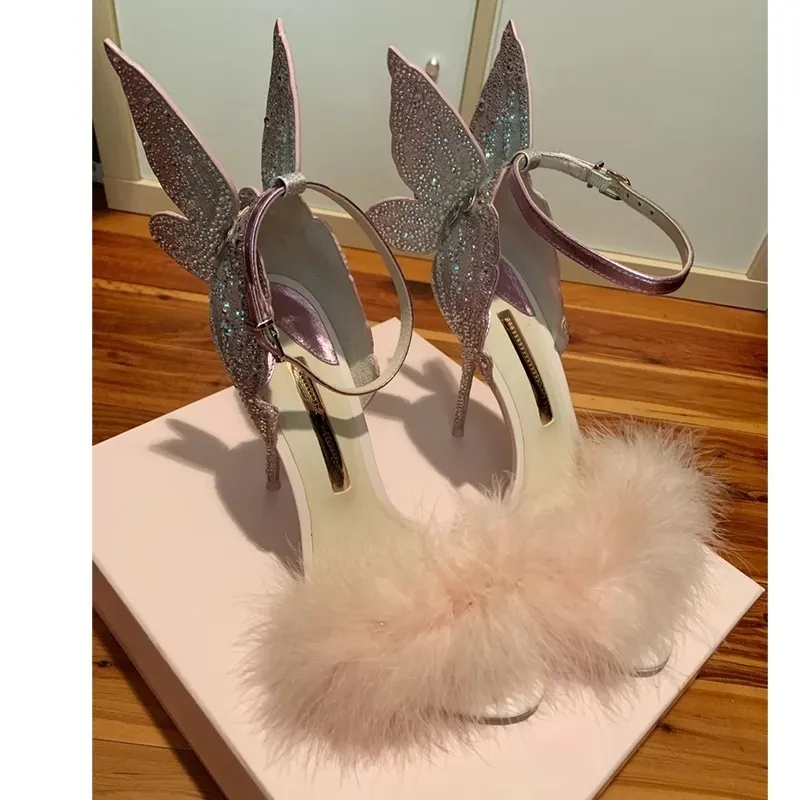 アバイアー新しい女性のサンダル蝶の装飾ピンクファーブリング女性のためのハイヒールの夏の靴