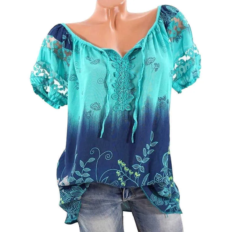 ティーシャツの女性夏のグラデーションプリントプリントTシャツVネック半袖プラスサイズのファッショントップスレディース特大Tシャツ210608