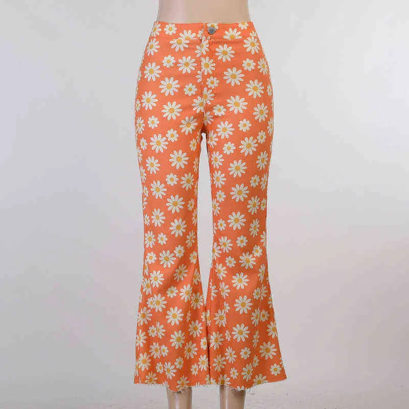 Missnight Orange Flare Hosen Floral Hohe Taille Breite Bein Frauen Tasche Reißverschluss Kawaii Lange Hosen Vintage Streetwear 211124