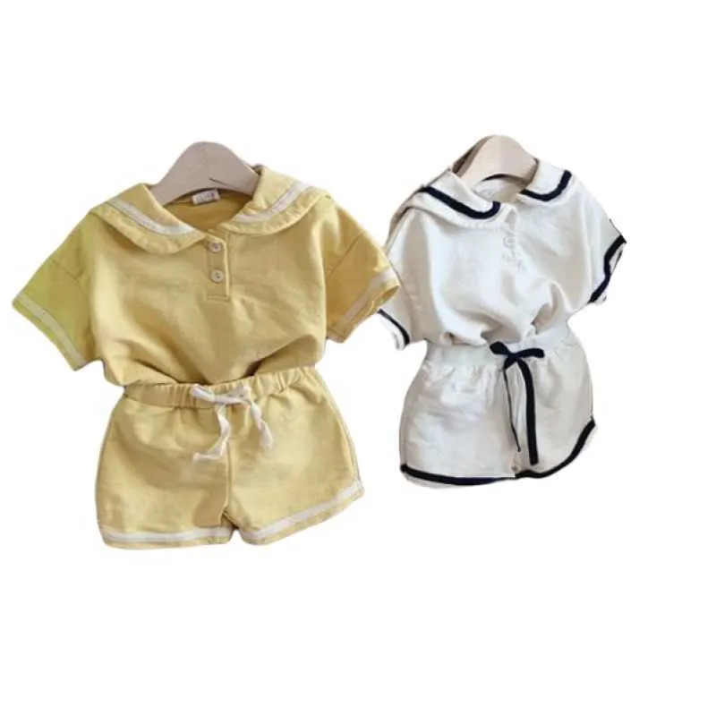 Koreaanse stijl zomer kinderen jongens meisje 2-pcs Sets Navy Collar T-shirts + Shorts Sport Kinderkleding E0307 210610