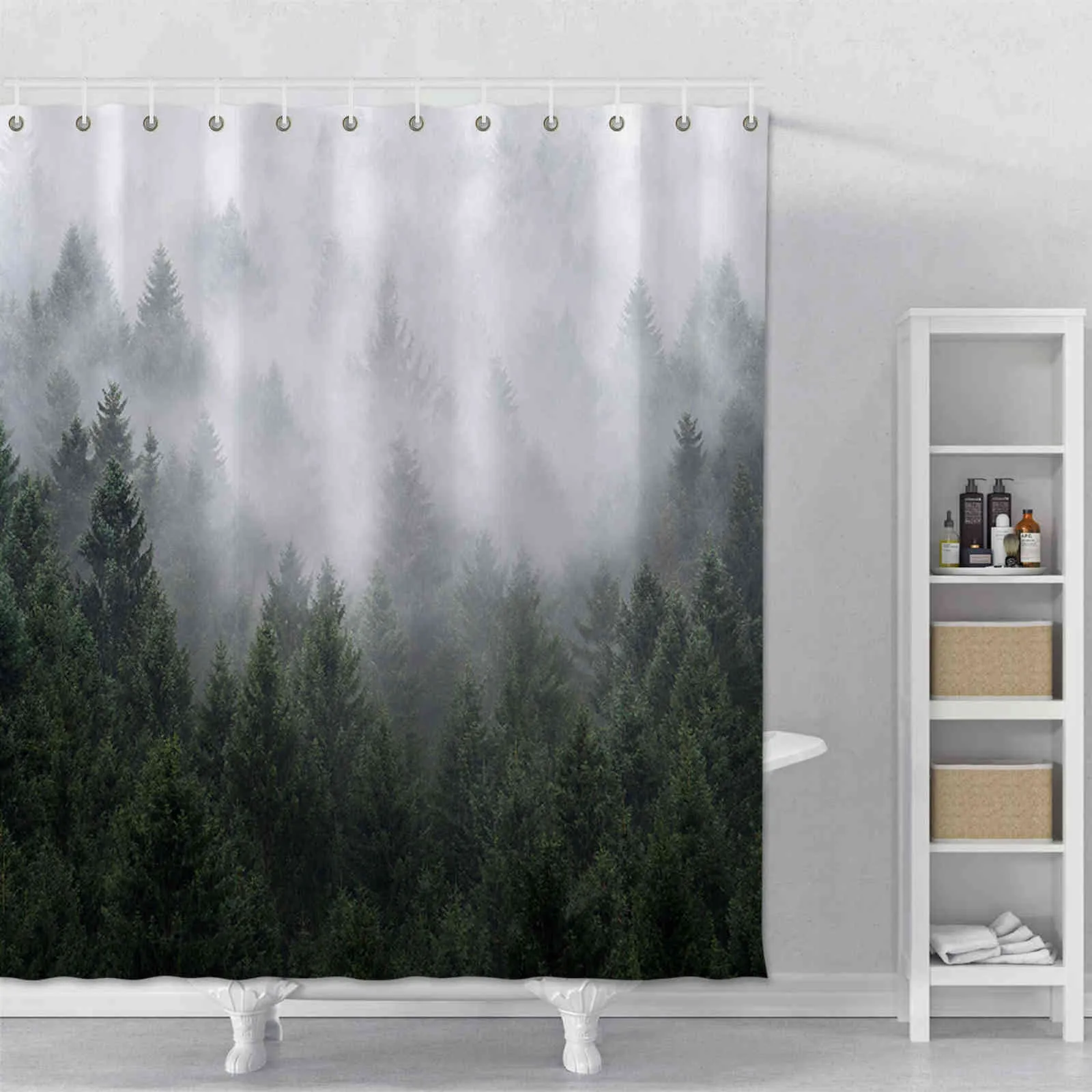 Cortina de chuveiro de floresta padrão de nevoeiro decoração de banheiro cortinas montanhas para banheiro chuveiro cortinas psicodélicas com ganchos 211116