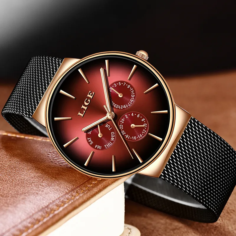 LIGE New Fashion Mens Watchs Top Brand Brand Luxury Quartz Watch Men Mesh Steel Imperproof Ultra-Thin Thin Threstwatch for Men Sport Clock 21308G