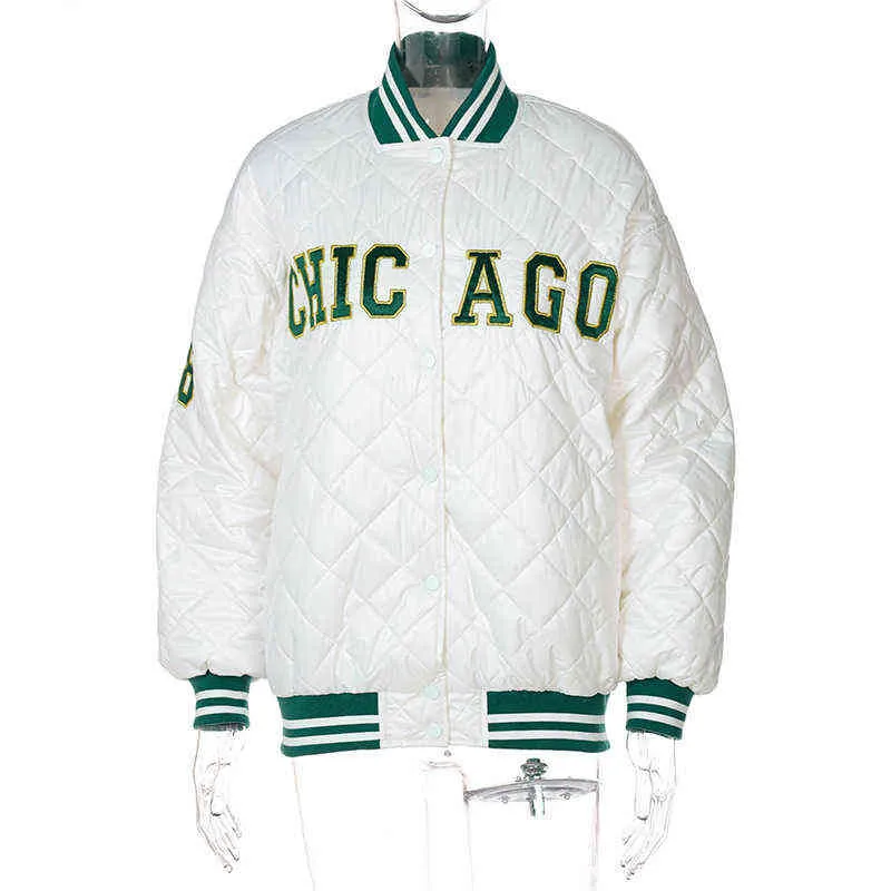Y2k Verde Stampa Moda Baseball Bomber Cappotto Autunno Inverno Giacca patchwork oversize Varsity Donna Casual Bianco 211029