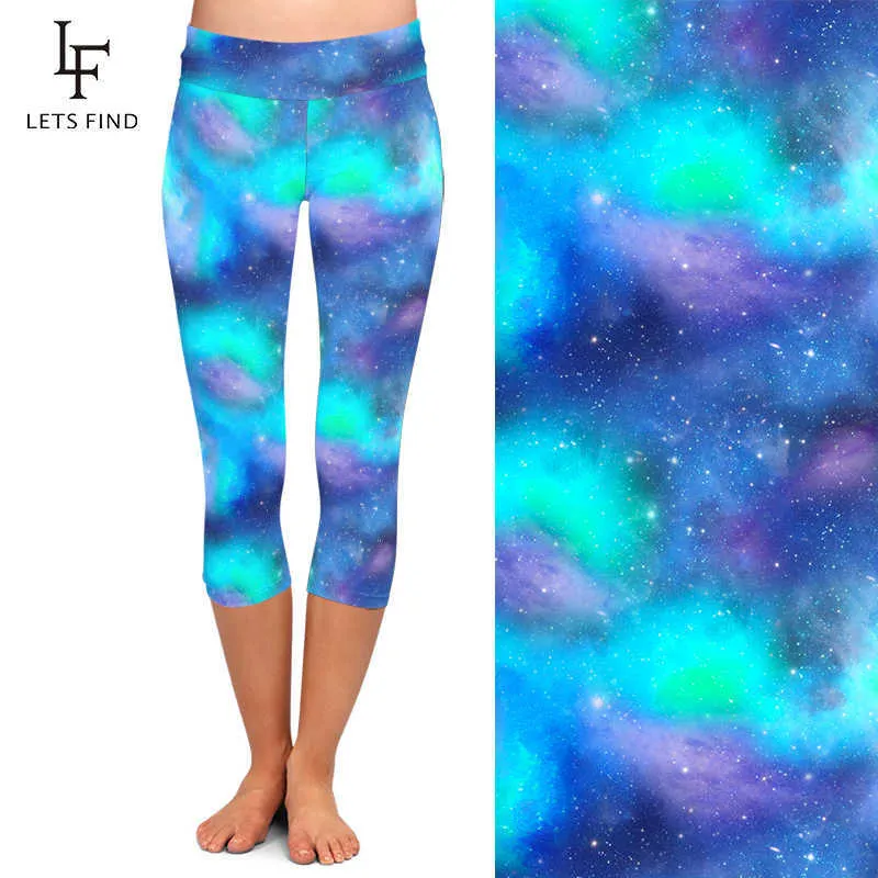 LETSFIND grande taille femmes taille haute entraînement mi-mollet Leggings motif galaxie lait soie impression mince élastique 211204