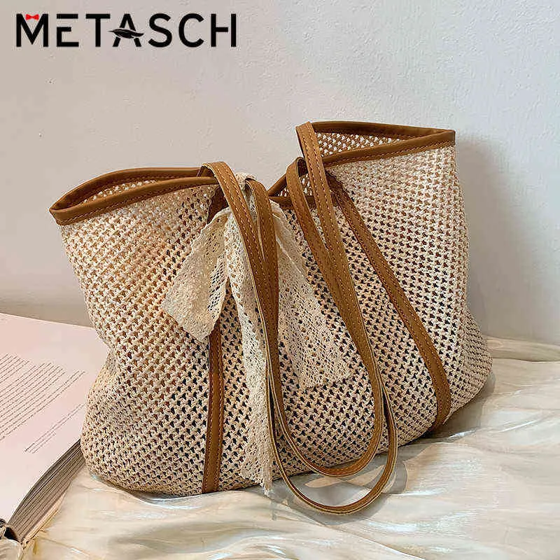 Sacos de compras Metasch S / S Composite Casual Tote Grande palha com presente fita Mulheres Bolsa Beach Férias Luxo Estilo 220301