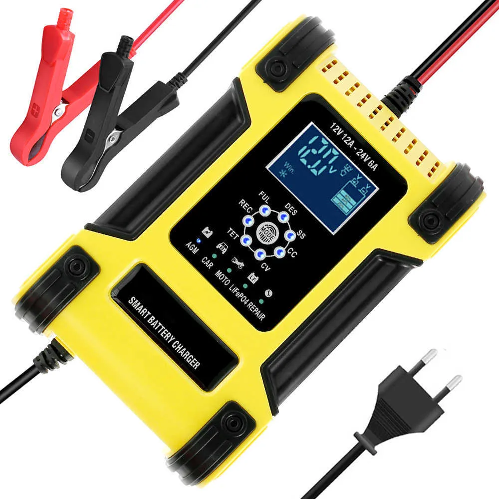 12V 24V 12A شاحن بطارية أوتوماتيكي من 7 خطوات شاحن بطارية شاحن شاحن LCD شحنات ذكية إصلاح وظيفة سريعة الشاحن 230H