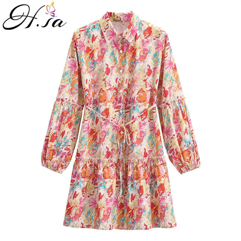 HSA Dames Chiffon Ruches Mouw Bloemen Print Mini Jurk Zomer Casual Turn Down Pink Plooited Office Dames Jurken 210716