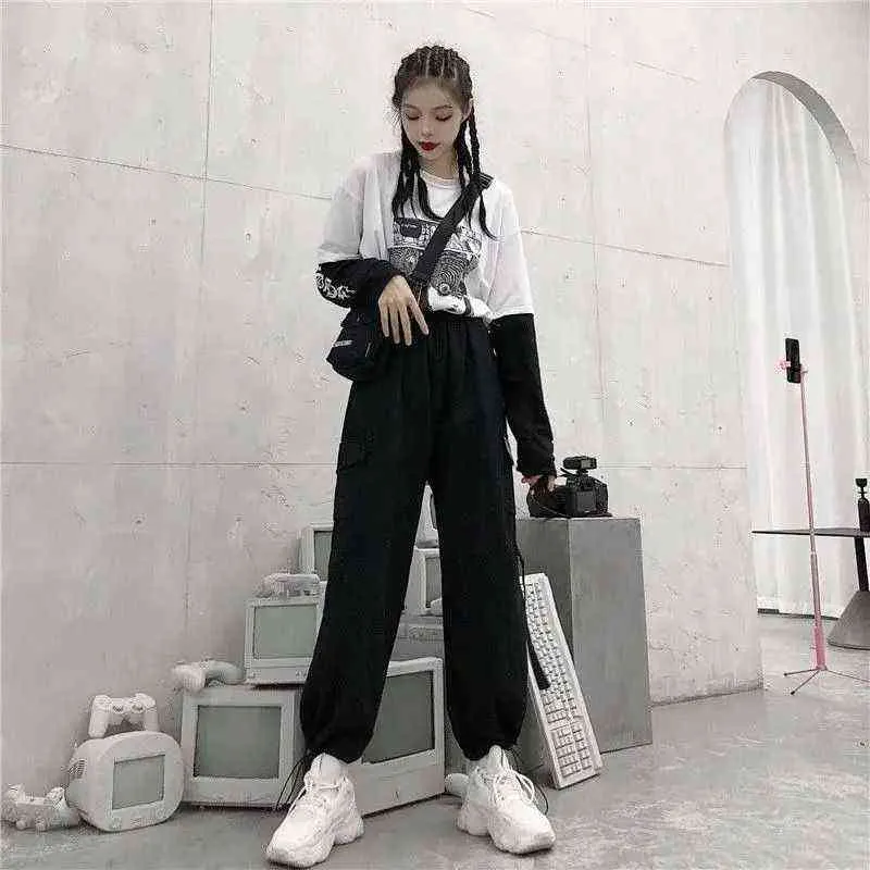 HOUZHOU Techwear Pantaloni cargo da donna Hippie Streetwear Pantaloni da jogging neri a gamba larga la moda femminile coreana Hip Hop 211124