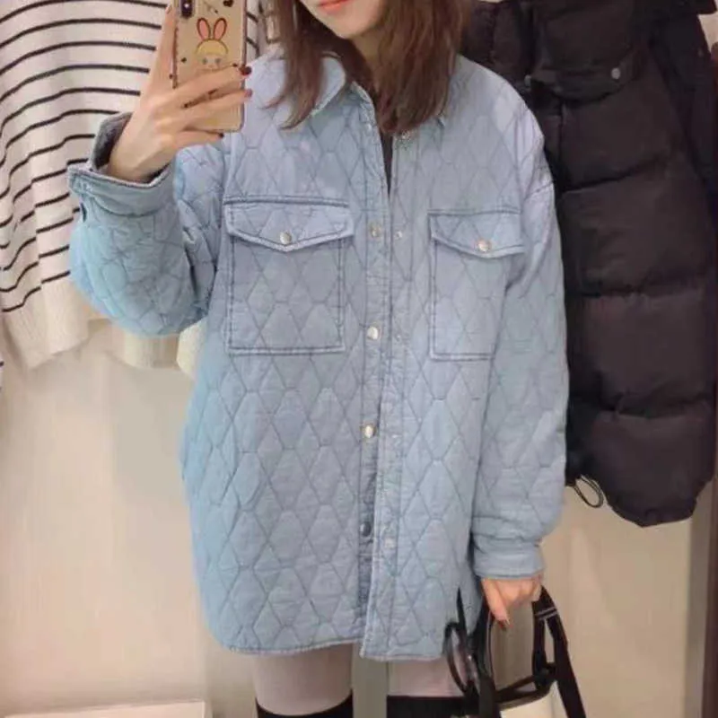 ZA Kurtki Damska Koszula Denim Płaszcz Cienkie Parkas Moda Kieszonkowy Z Długim Rękawem Outwear Streetwear Oversize Ladies Casual BF 211013