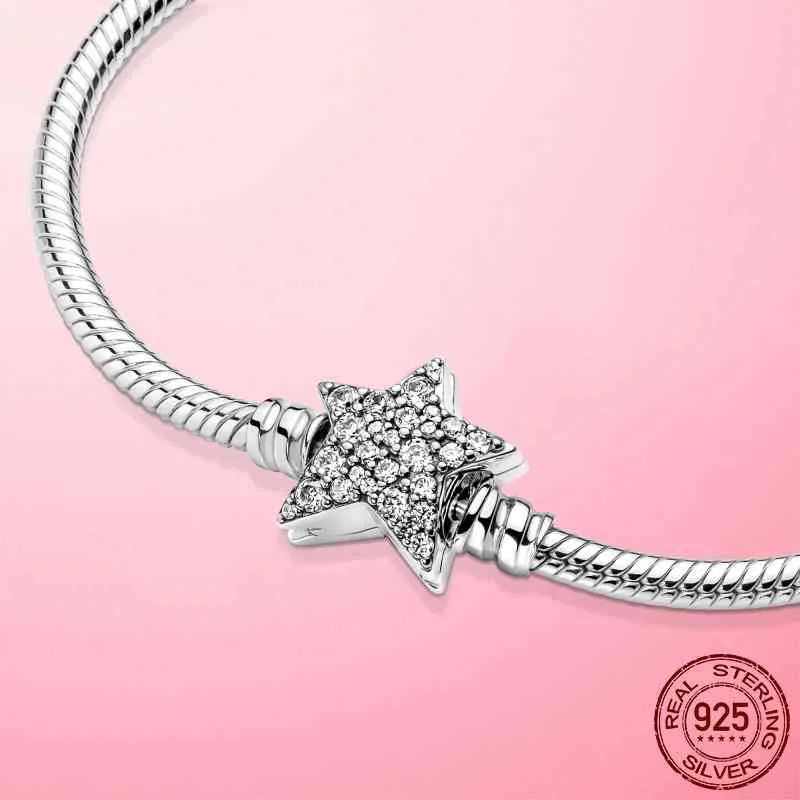 Bracciale in argento sterling 925 con zirconi cubici a forma di stella con catena in osso di serpente donna adatto fascino Pandora originale fai-da-te