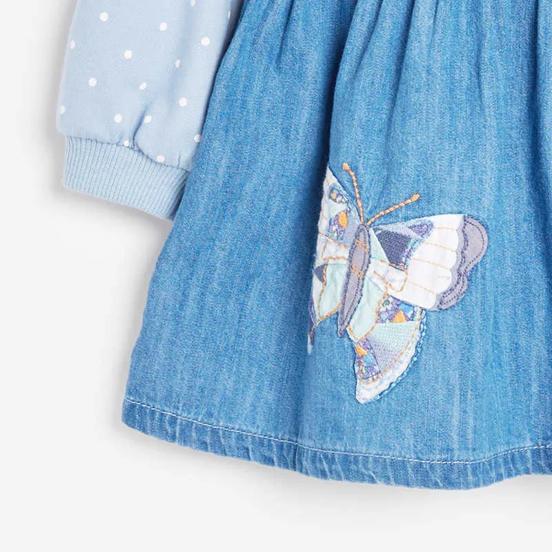 Kleider für Babys Marke Herbstkleidung Baumwolle Schmetterling Applikation Kleinkind Denim Kontrastfarbe Punktkleid für Kinder 2-7 Jahre Q0716
