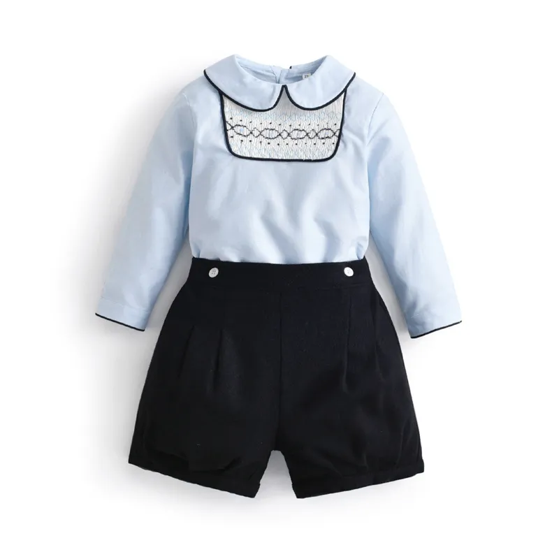 2st barn boutique pojkar smockade kläder set baby spansk stil kläder kostym småbarn handgjorda smockande blusar svarta shorts 27495410