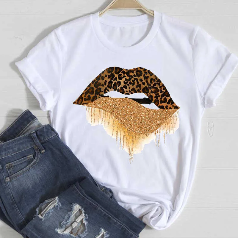 T-tröjor Kvinnor läpp leopard kärlek mode 90s trend 2021 vår sommar kläder grafisk t-shirt topp dam print kvinnlig tee t-shirt x0527
