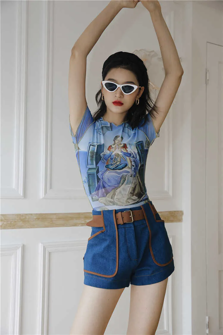 CheerArt Örgü Mahsul Tops T Gömlek Grafik Tees Kadınlar Yaz Mavi Baskılı Tişört Kısa Kollu Sıkı Yüksek Moda Tasarımcısı 210720