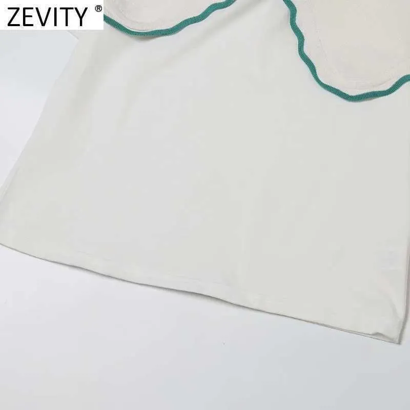 Zevity Donne Dolce Peter Pan Collar Patchwork Knitting Casual T-Shirt Slim T-shirt femminile Chic Manica corta Estate Top Summer LS9208 210603