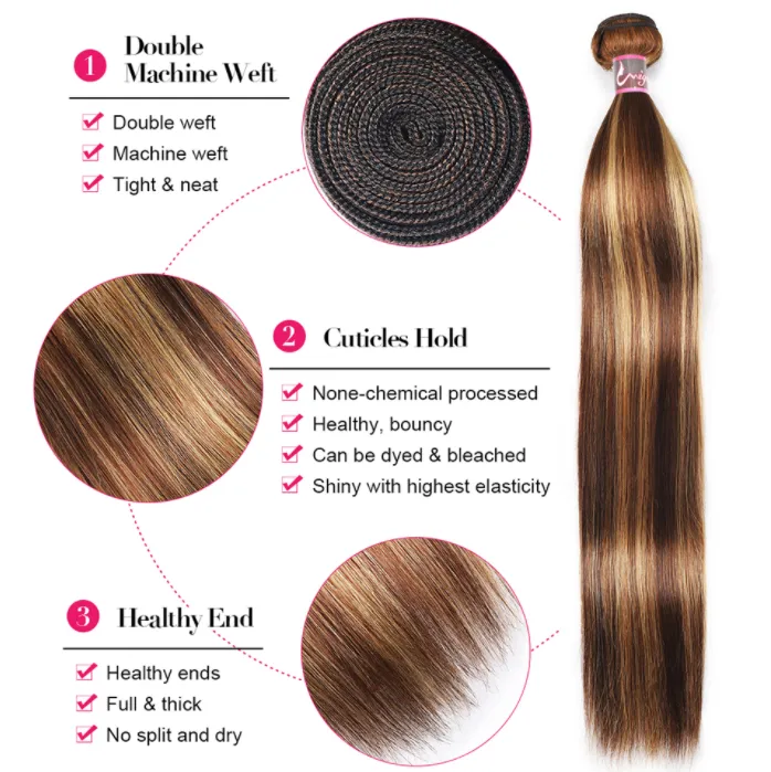 Braziliaans menselijk haarweefsel markeert recht 3 bundels P4/27 Honingblond Bruin 100 g/stk