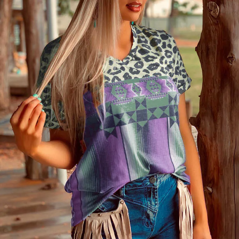 Plus Storlek S-5XL Kvinnor Leopard Print T-shirt Sommar Casual Short Sleeve V-Neck Loose Oversized Tops Ladies Folk Vintage Tees 210526