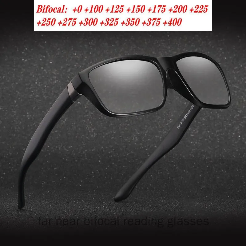Solglasögon Mäns kör Pochromic Bifocal Reading Glasses Sports Goggles Women Square Transition Recept Sun Reader NX264W