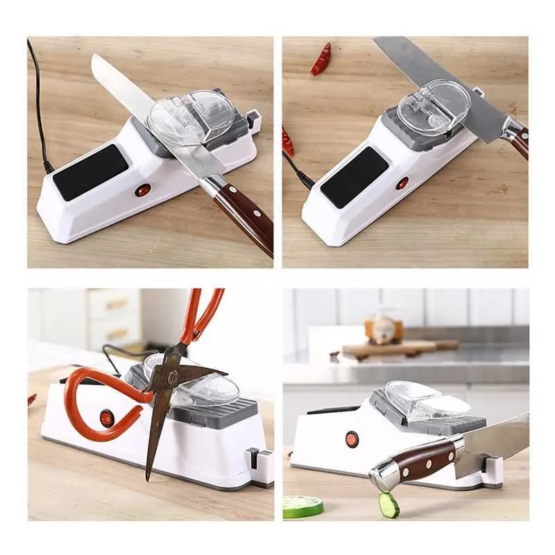 USB Electric Knife Sharpener Adjustable For Kitchen Knives Tool Scissor Sharpening White medium and fine grinding blade 210615240C