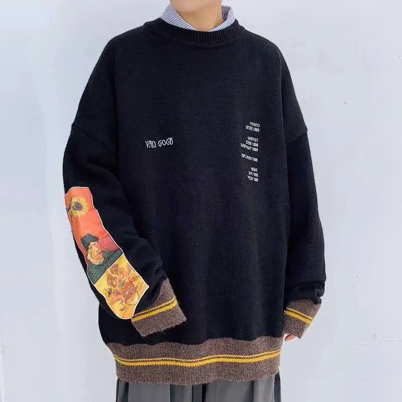 Hip hop fashion tröja pullover män van gogh målning broderi stickad tröja harajuku manliga streetwear toppar casual pulloverp0805