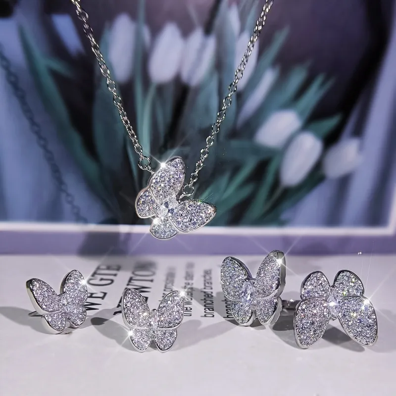 Charming Women Jewelry Set High Quality White Gold Plated CZ Butterfly Earrings Ring Necklace Set for Girls Women Nice Gift298x