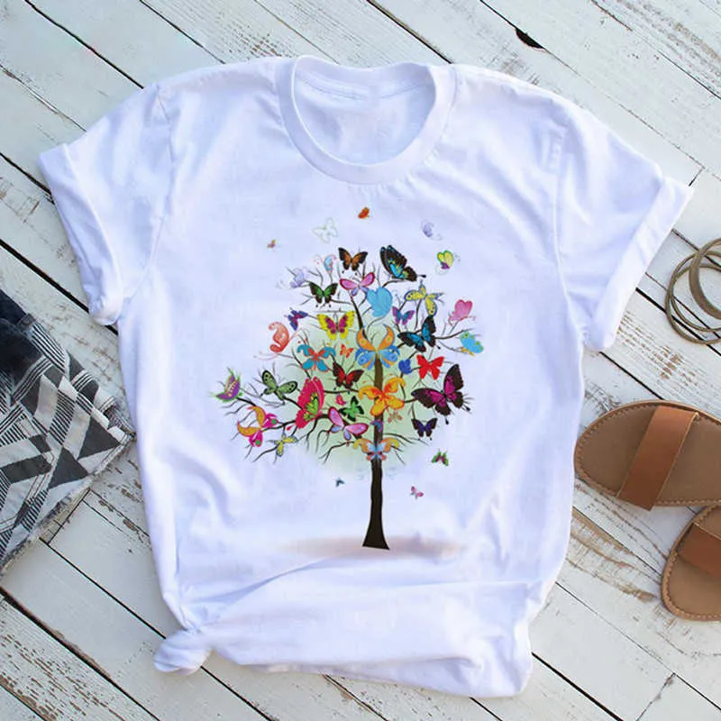 Wigioce New Moda Kobiety Ubrania Butterfly Drzewo Drukuj Harajuku Lato T Shirt Casual Okrągły Neck Krótki Slee Top T Shirt 24722 x0527