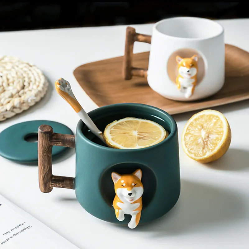 Kreativ söt handgjorda shiba inu mugg med locksked keramiska hundmuggar personlig kopp för kaffe te kök bordsartiklar kärlek present l257l