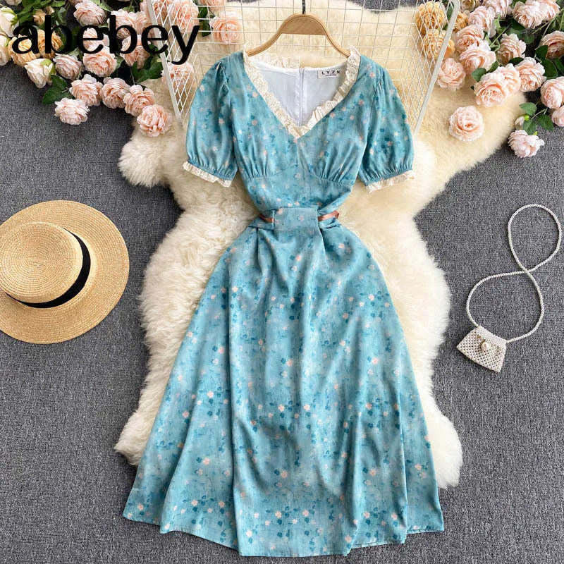 Women Bohemain Floral Dress Sweet Elegant Lace V Neck Puff Sleeve A-line Dresses Summer Korean Vacation Print Sundress 210715