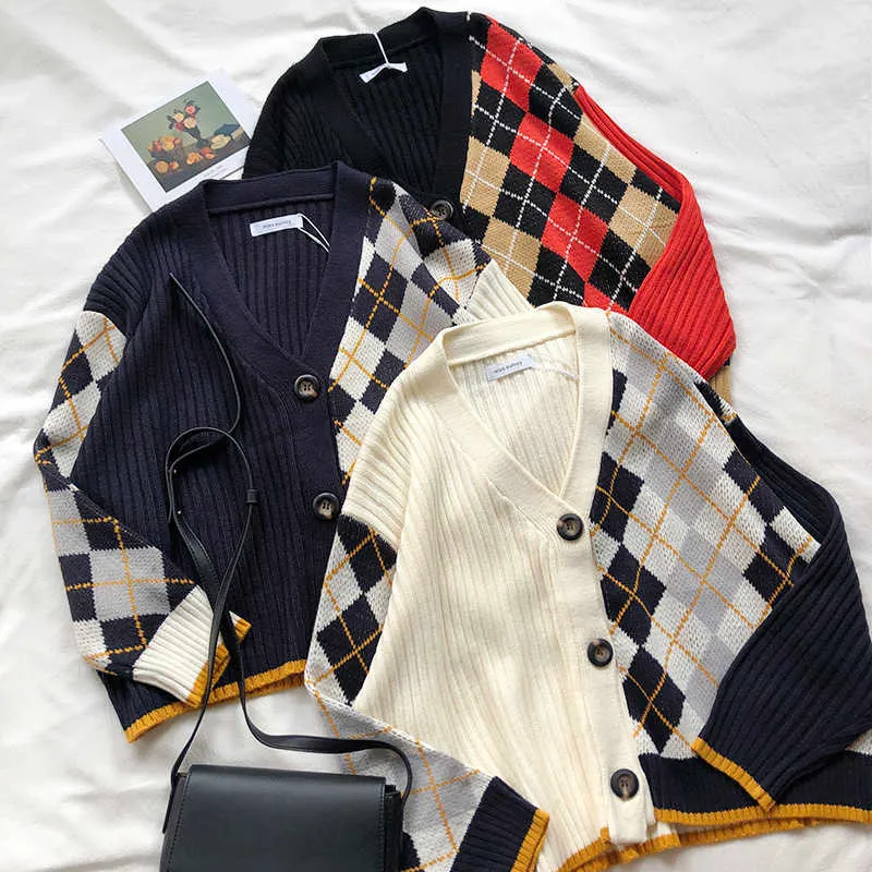 3 색 봄과 가을 한국어 스타일 컬러 패치 워크 V 목 격자 무늬 knittd 카디건 여자 스웨터 X180 210914