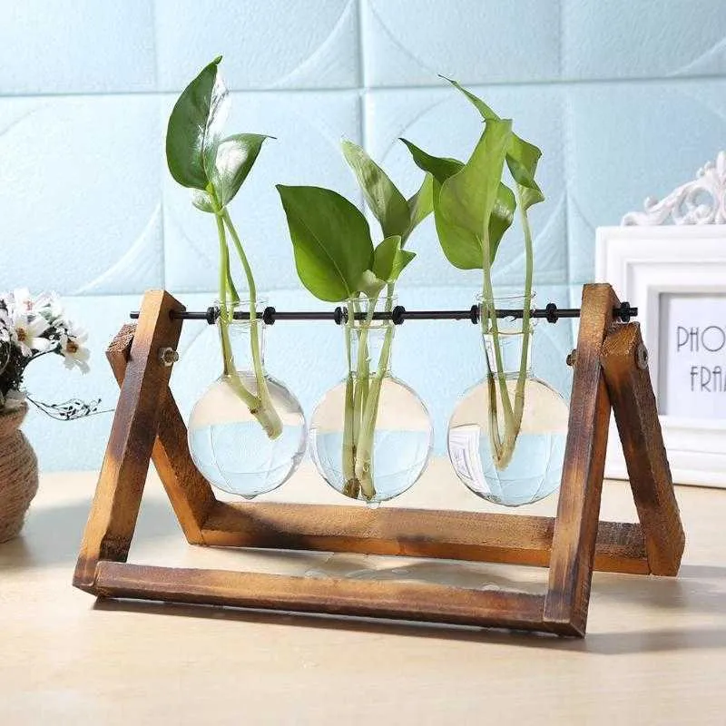 Creatieve Hydroponic Plant Transparant Vaas Glas Hout Vazen Glas Bloem Vaas Plant Bonsai Opknoping Potten Thuis Tuin Decor 210623