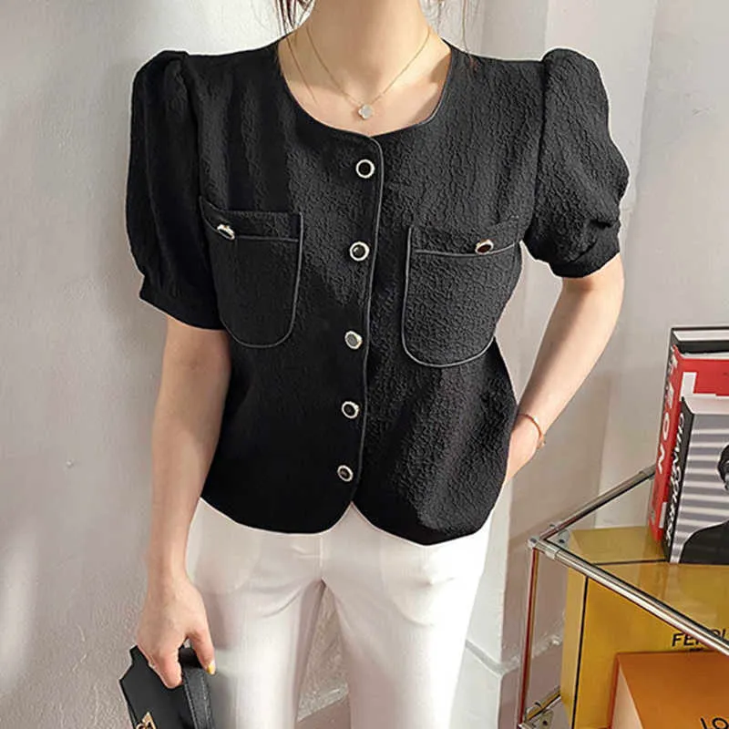 Korejpaa Women Shirt Summer Korean Chic All-Match Design Round Neck Trim Contrast Button Double Pocket Puff Sleeve Blouses 210526
