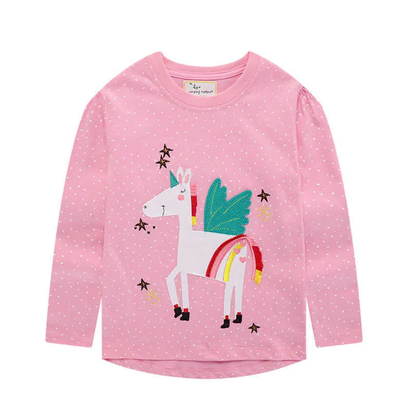 Atlama Metre Unicorn Kızlar Uzun Kollu T Shirt 100% Pamuk Ops Çocuk Hayvanlar Giyim Sonbahar Bahar Çocuklar 210529