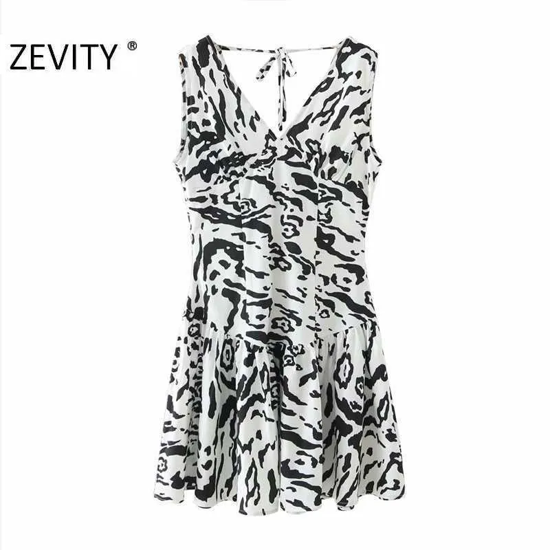 Zevity kobiety Sexy V Neck Animal Texture Print Bez Rękawów Kamizelka Mini Dress Lady Leopard Vestido Chic Hem Fleats Sukienki DS4521 210603