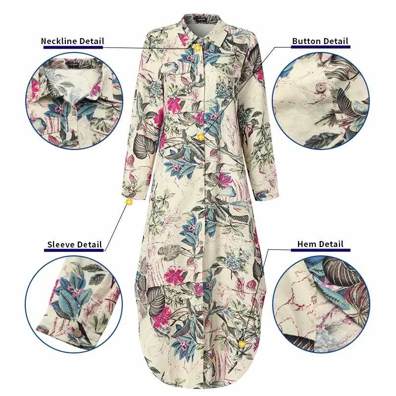 Vonda Maxi Long Dress 2021 Kobiety Vintage Drukowane Koszula Z Długim Rękawem Suknie Plus Rozmiar Czeski Vestidos Elegancka plaża Sundress X0521