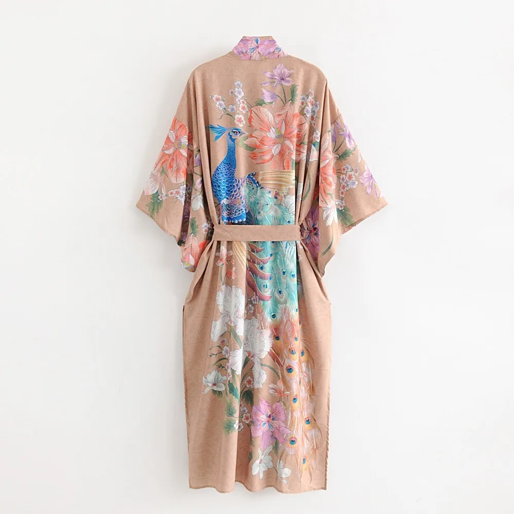 Boheemian V Neck Peacock Flower Print Lang Kimono Shirt Khaki Holiday Praai Up Sashes Long Cardigan Loose Blouse Tops 210226