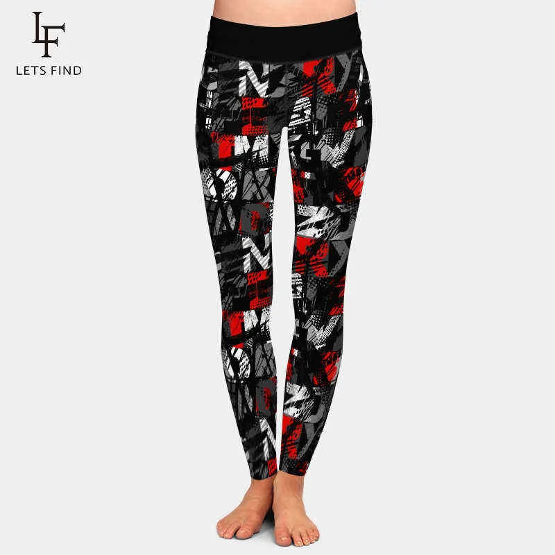 LETSFIND Marque Mode Hiver Femmes Plus La Taille Pantalon 3D Doodle Lettre Élément Impression Numérique Taille Haute Doux Workout Leggings 211204