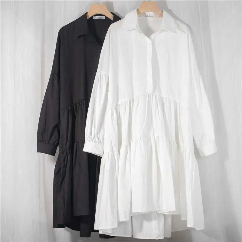 colorfaith 새로운 2021 여성 봄 셔츠 드레스 캐주얼 느슨한 높은 허리 세련된 불규칙한 주름 야생 흰 드레스 DR1170 210306
