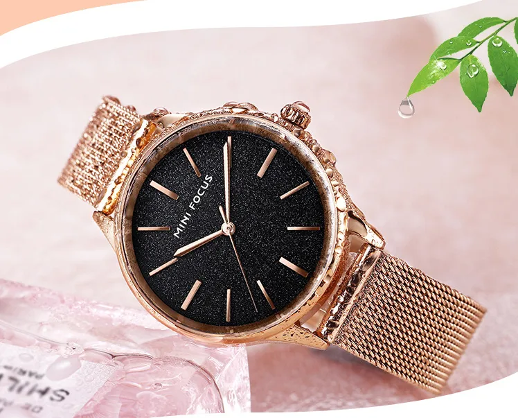 Luxe brillant MINI FOCUS marque femmes montre Japon mouvement à quartz en acier inoxydable maille bande 0044L dames montres résistant à l'usure Cry253e