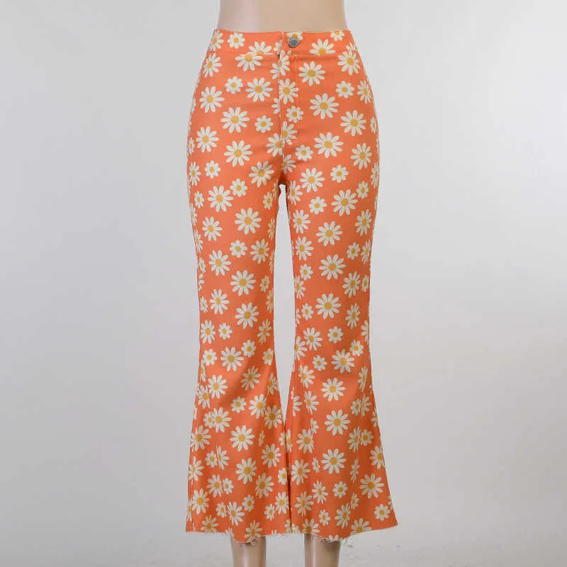 Missnight Orange Flare Pants Floral High Taille Wide Pen Broek Vrouwen Zak Rits Kawaii Lange Broek Vintage Streetwear 2021 Q0801
