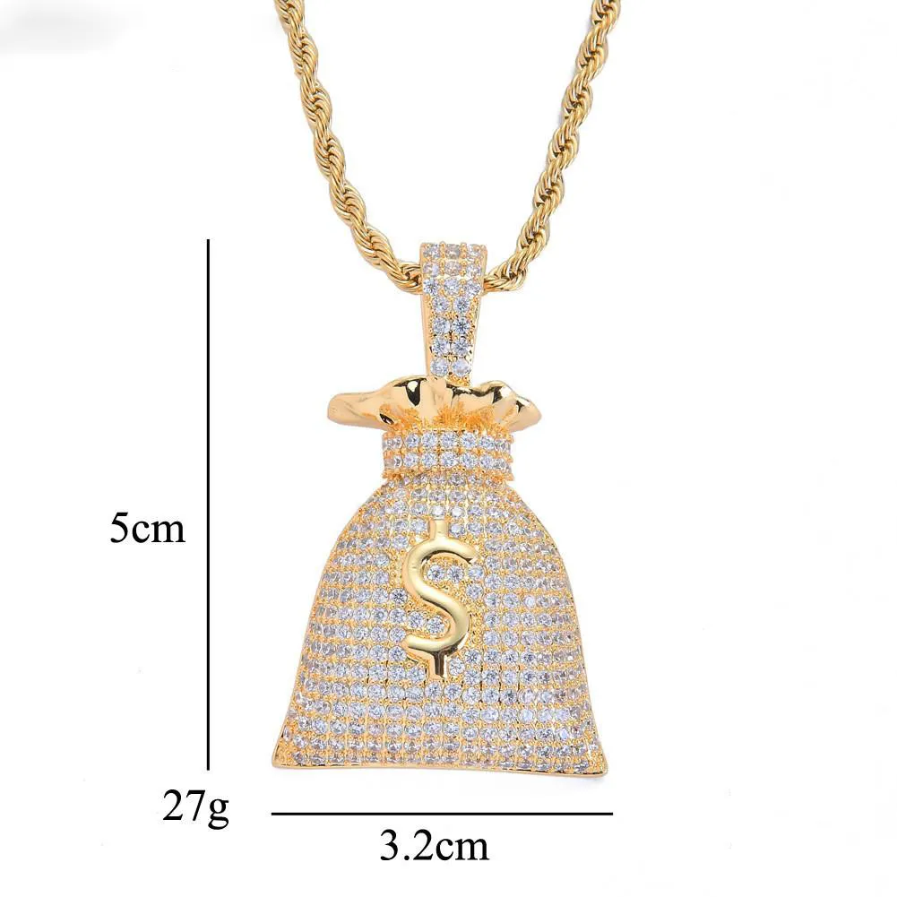 Ciondolo con collana di sacchi di denaro placcato oro con pietra CZ micro pavimentata con catena di corda da uomo gioielli Hip Hop Bling282M