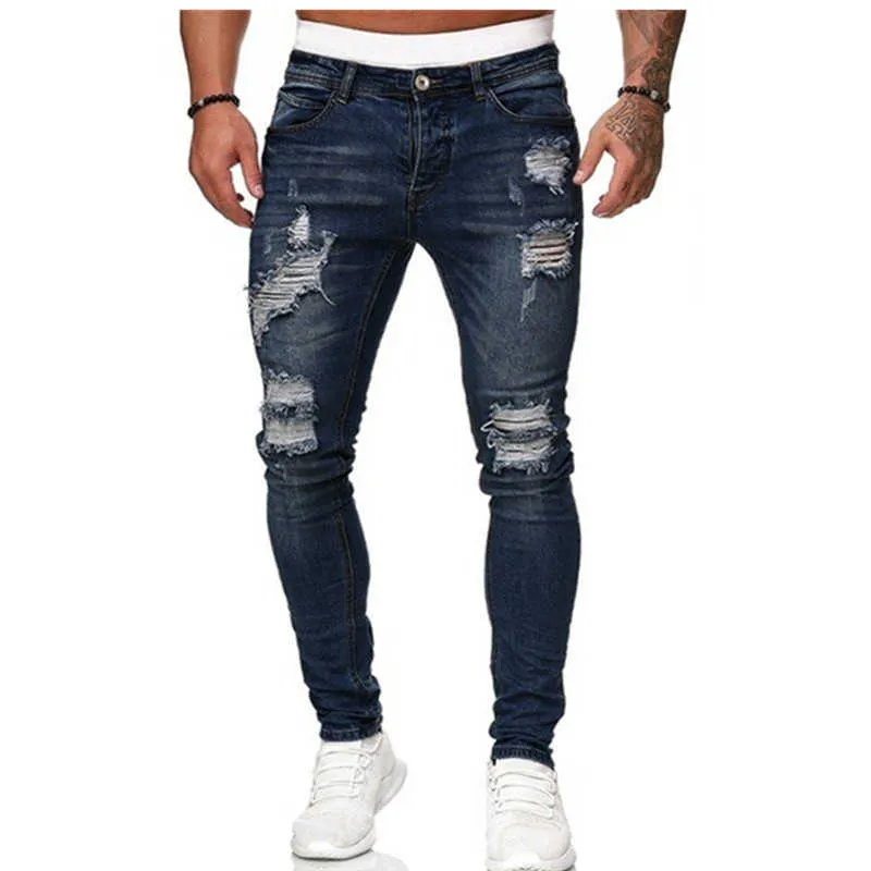 Jeans con foro in vita da uomo Estate Autunno Pantaloni skinny in puro colore Slim Biker Outwears Pantaloni Classic Cowboys Young Man Joggin X0621