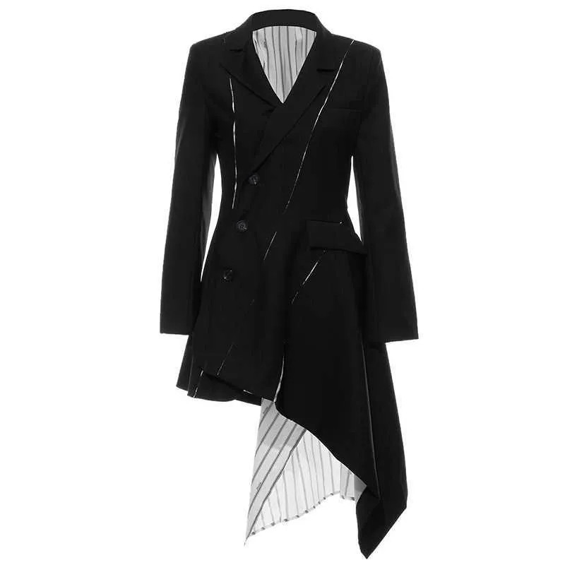 Splicing Gestreiftes Asymmetrisches Kleid Für Frauen V-ausschnitt Langarm Hohe Taille Schwarz Blazer Kleider Weibliche Mode Kleidung 210531