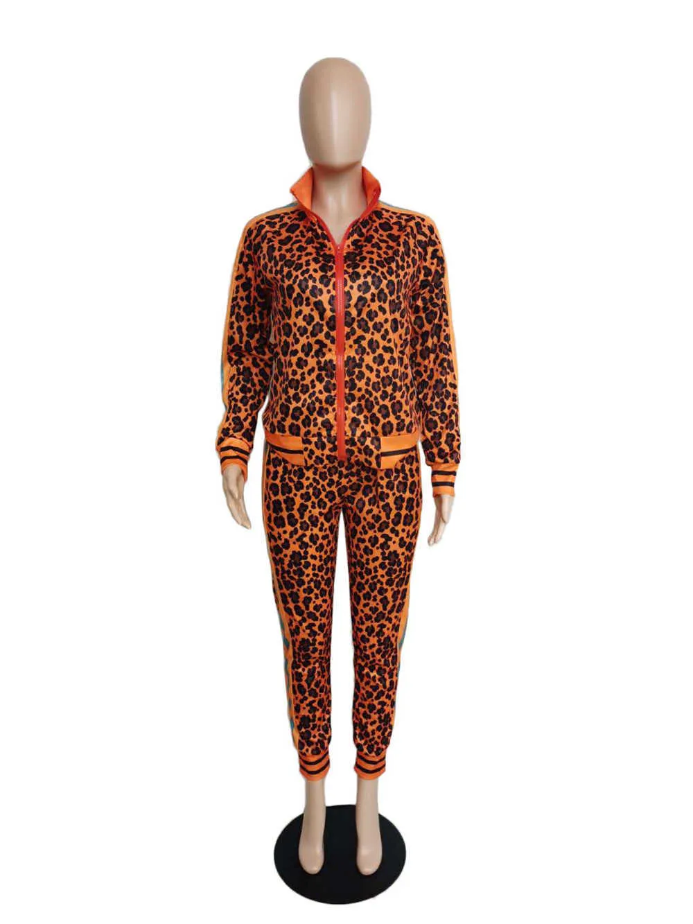 Orange Leopard Imprimer Survêtement Femmes Vêtements Assortis Ensembles Lounge Wear Deux Pièces Ensemble Top et Pantalon Joggers Casual Sweat Costumes Y0625