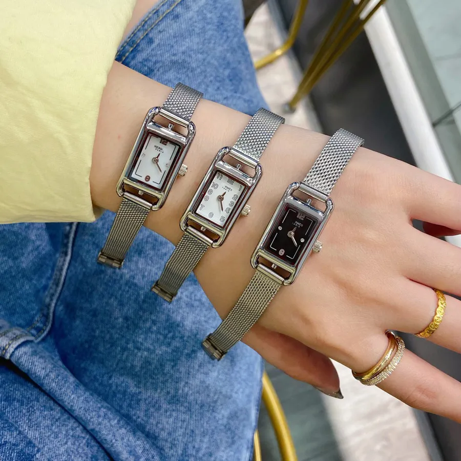 Orologi di marca Orologio da polso con cinturino in acciaio Matel stile quadrante rettangolare da donna HE08