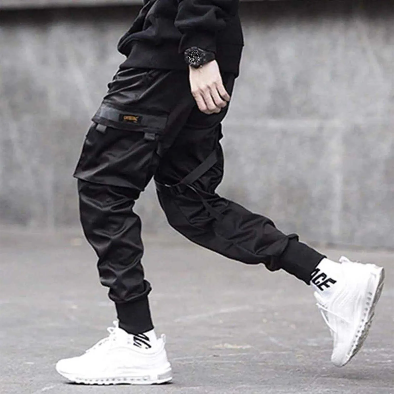 Pantalones de carga de hip hop negro Hombres Streetwear Moda Algodón Joggers Sweetpants Casual Harem Pantalones Harajuku Ropa 210715