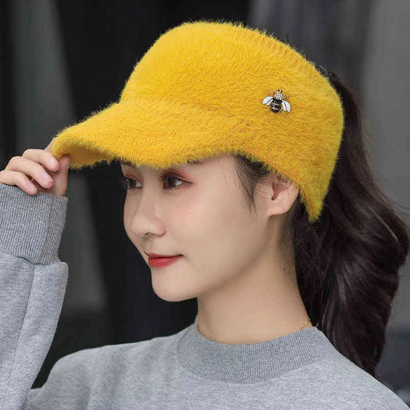 Woman Girl Mink Hair Visor Cap Bee Knitted Autumn Winter Hat Solid Color Elastic Cycling Running Golf Empty Top Cap 2111225520131