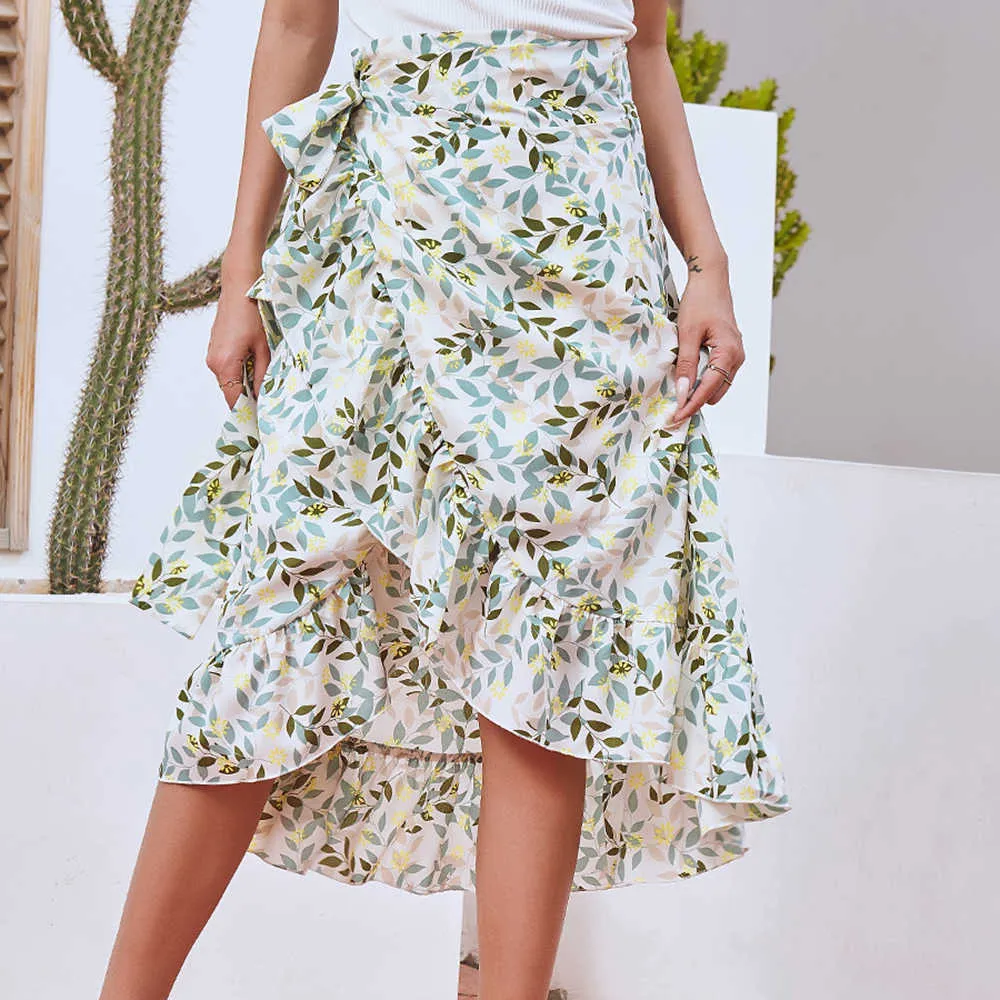 Vrouw rokken hoge taille mode lange zwarte geknoopte gebonden wrap floral ruche chiffon een lijn split rok lente zomer kleding 210621