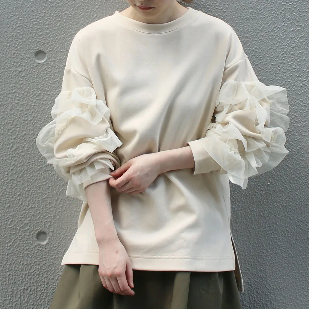 까마귀 여자 긴 슬리브 까마귀 셔츠 메쉬 얇은 명주 그 소매 프릴 스웨트 셔츠 일본 스타일의 여성 탑 느슨한 탑 여자 201203