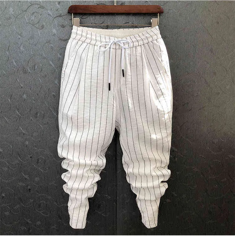 Idopy Fashion Mens Trend Stretchy Harem Jeans Drawstring Comfy Striped Comfortable Cuffed Trousers Joggers For Male 211111